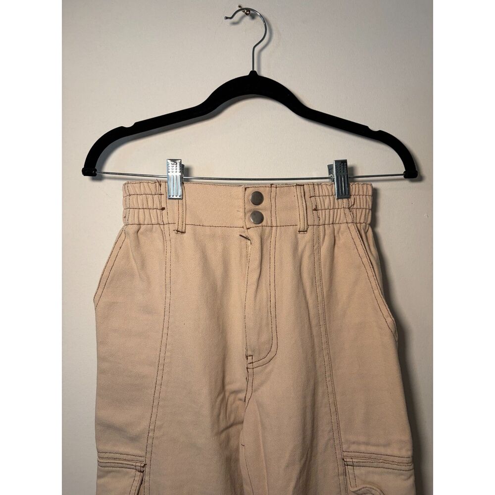 High Waisted Tan Utility Cargo Pants Contrast Stitching